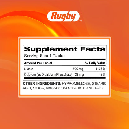 Rugby Timed-Release Niacin 500mg with Calcium – 100 Tablets | Energy, Metabolism & Circulation