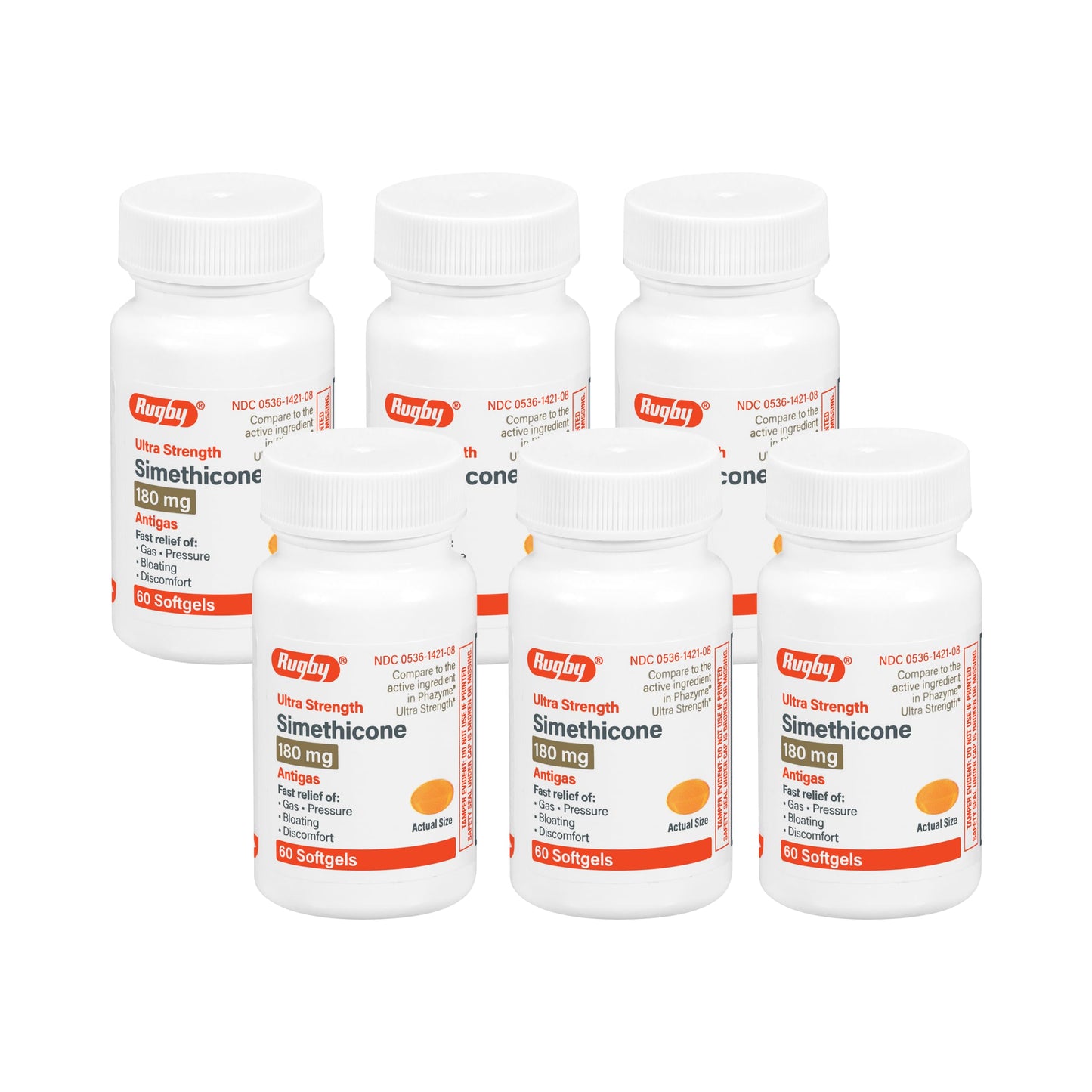 Rugby Ultra Strength Simethicone Gas Relief 180 mg – 60 Softgels (6 Pack)