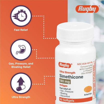 Rugby Ultra Strength Simethicone Gas Relief 180 mg - 60 Softgels (2 Pack) for Adults | Rugby Laboratories