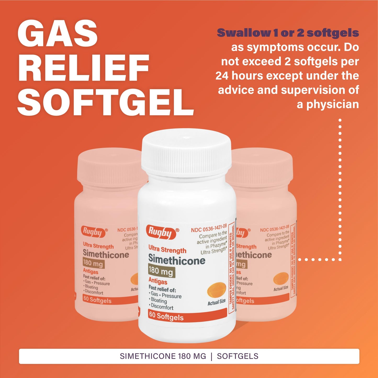 Rugby Ultra Strength Simethicone Gas Relief 180 mg - 60 Softgels (2 Pack) for Adults | Rugby Laboratories