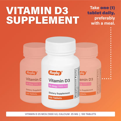 Rugby Vitamin D3 1000 IU (25 mcg) – 100 Tablets | Dietary Supplement