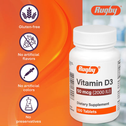 Rugby Vitamin D3 2000 IU (50 mcg) – Gluten-Free Daily Vitamin D3 for Immune, Bone & Teeth Health | 100 Tablets