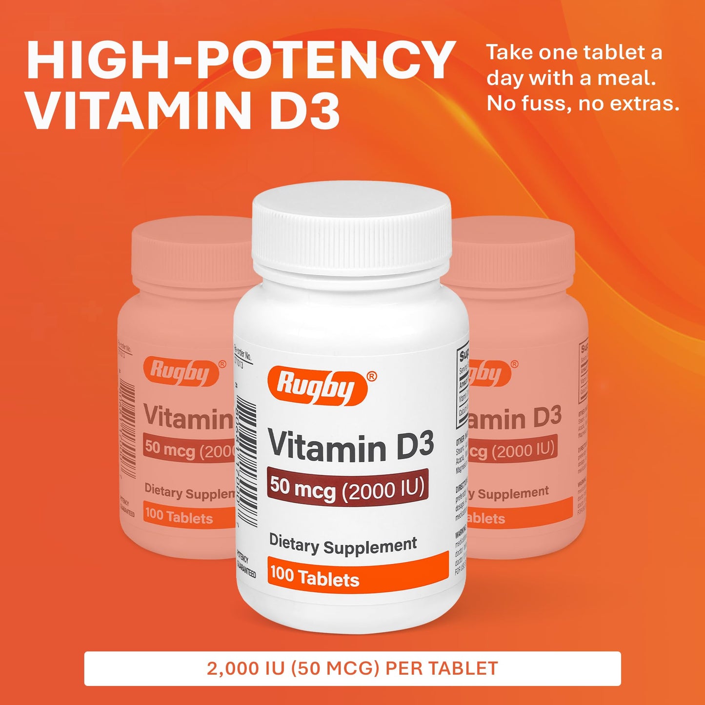 Rugby Vitamin D3 2000 IU (50 mcg) – Gluten-Free Daily Vitamin D3 for Immune, Bone & Teeth Health | 100 Tablets