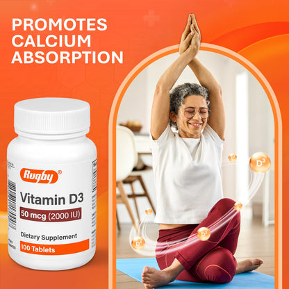 Rugby Vitamin D3 2000 IU (50 mcg) – Gluten-Free Daily Vitamin D3 for Immune, Bone & Teeth Health | 100 Tablets