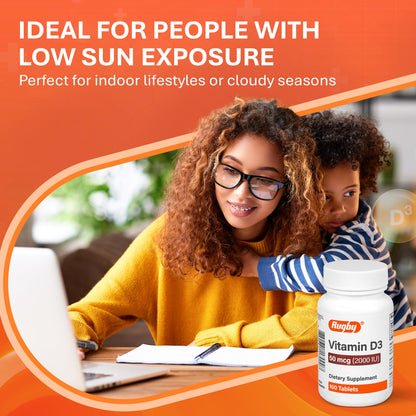 Rugby Vitamin D3 2000 IU (50 mcg) – Gluten-Free Daily Vitamin D3 for Immune, Bone & Teeth Health | 100 Tablets