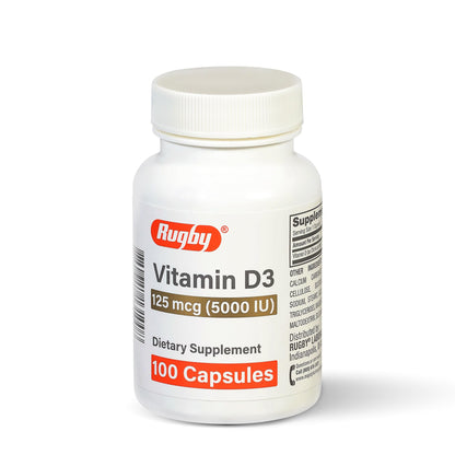 Rugby Vitamin D3 5,000 IU (125 mcg) – Bone, Teeth & Immune Health, 100 Capsules