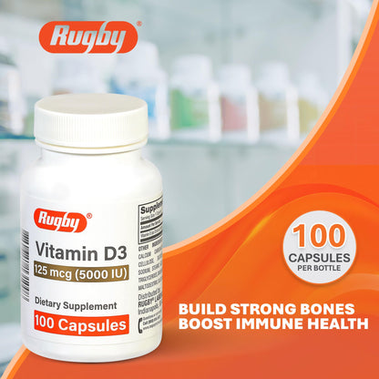 Rugby Vitamin D3 5,000 IU (125 mcg) – Bone, Teeth & Immune Health, 100 Capsules
