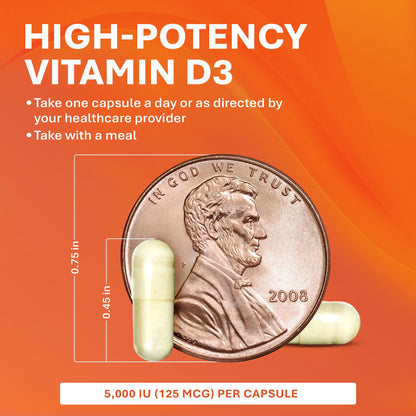 Rugby Vitamin D3 5,000 IU (125 mcg) – Bone, Teeth & Immune Health, 100 Capsules