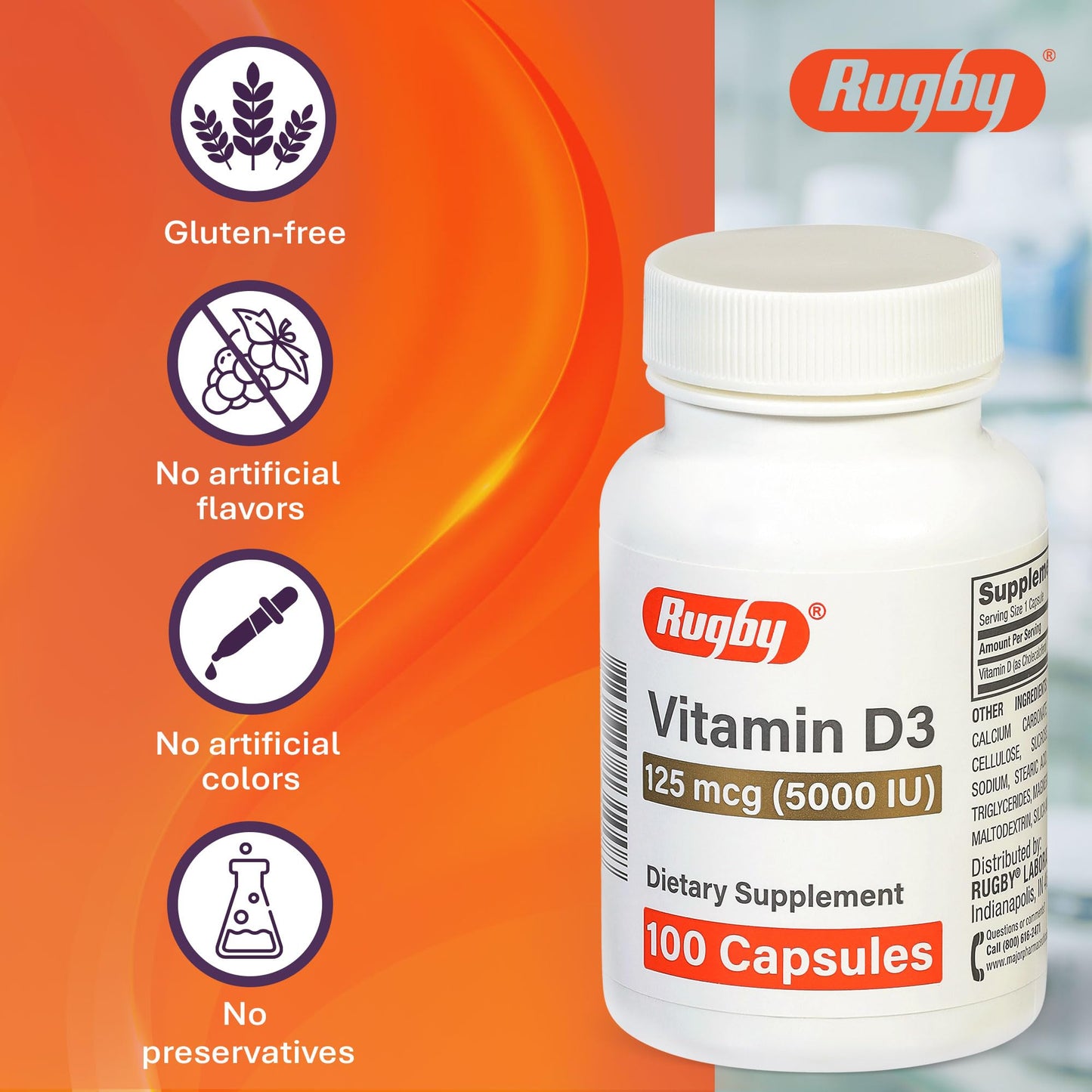 Rugby Vitamin D3 5,000 IU (125 mcg) – Bone, Teeth & Immune Health, 100 Capsules