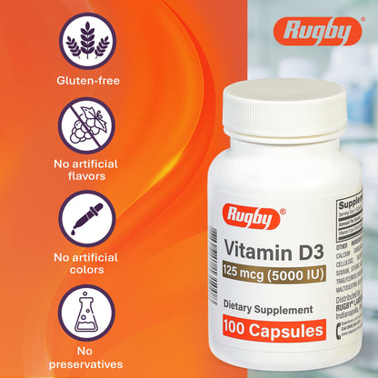 Rugby Vitamin D3 5,000 IU (125 mcg) – Bone, Teeth & Immune Health, 100 Capsules