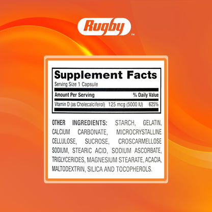 Rugby Vitamin D3 5,000 IU (125 mcg) – Bone, Teeth & Immune Health, 100 Capsules
