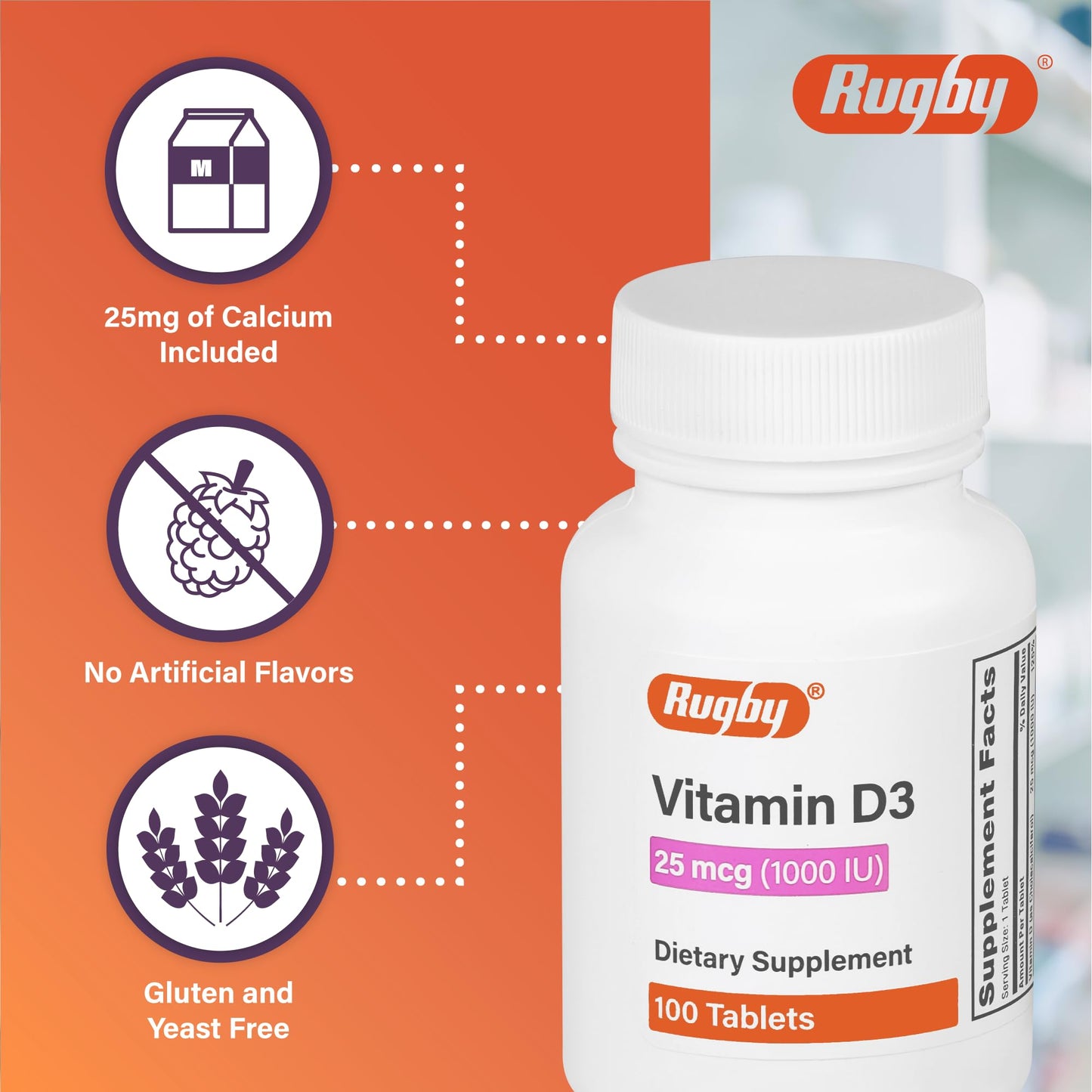 Rugby Vitamin D3 1000 IU (25 mcg) – 100 Tablets | Dietary Supplement