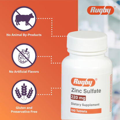 Rugby Zinc Sulfate 220 mg Tablets – 100 Count (2 Pack) – Dietary Supplement