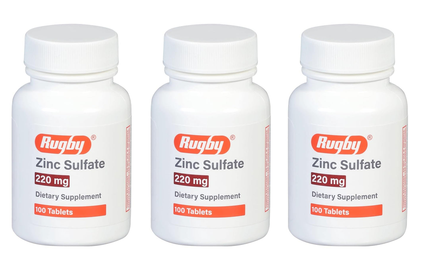 Rugby Zinc Sulfate 220 mg Tablets - Zinc Sulfate Heptahydrate - Dietary Supplement - 100 Count (3 Pack)