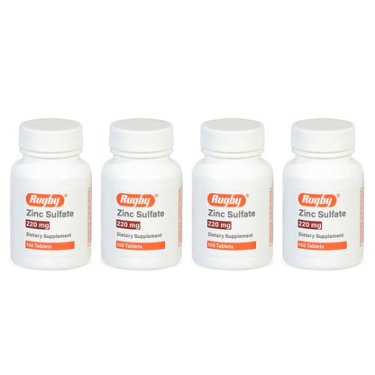 Rugby Zinc Sulfate 220 mg Tablets - Made with Zinc Sulfate Heptahydrate - Dietary Supplement - 100 Count (4 Pack)