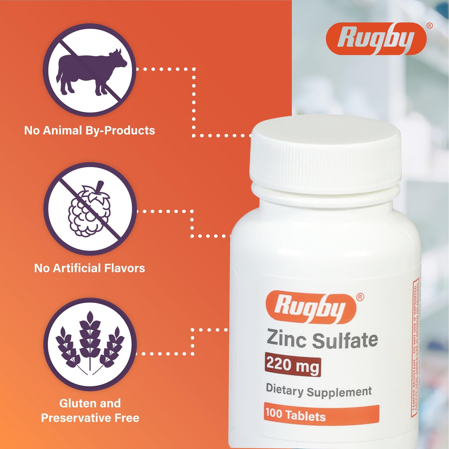 Rugby Zinc Sulfate 220 mg Tablets - Zinc Sulfate Heptahydrate - Dietary Supplement - 100 Count (3 Pack)