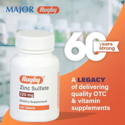 Rugby Zinc Sulfate 220 mg Tablets - Made with Zinc Sulfate Heptahydrate - Dietary Supplement - 100 Count (1 Pack)