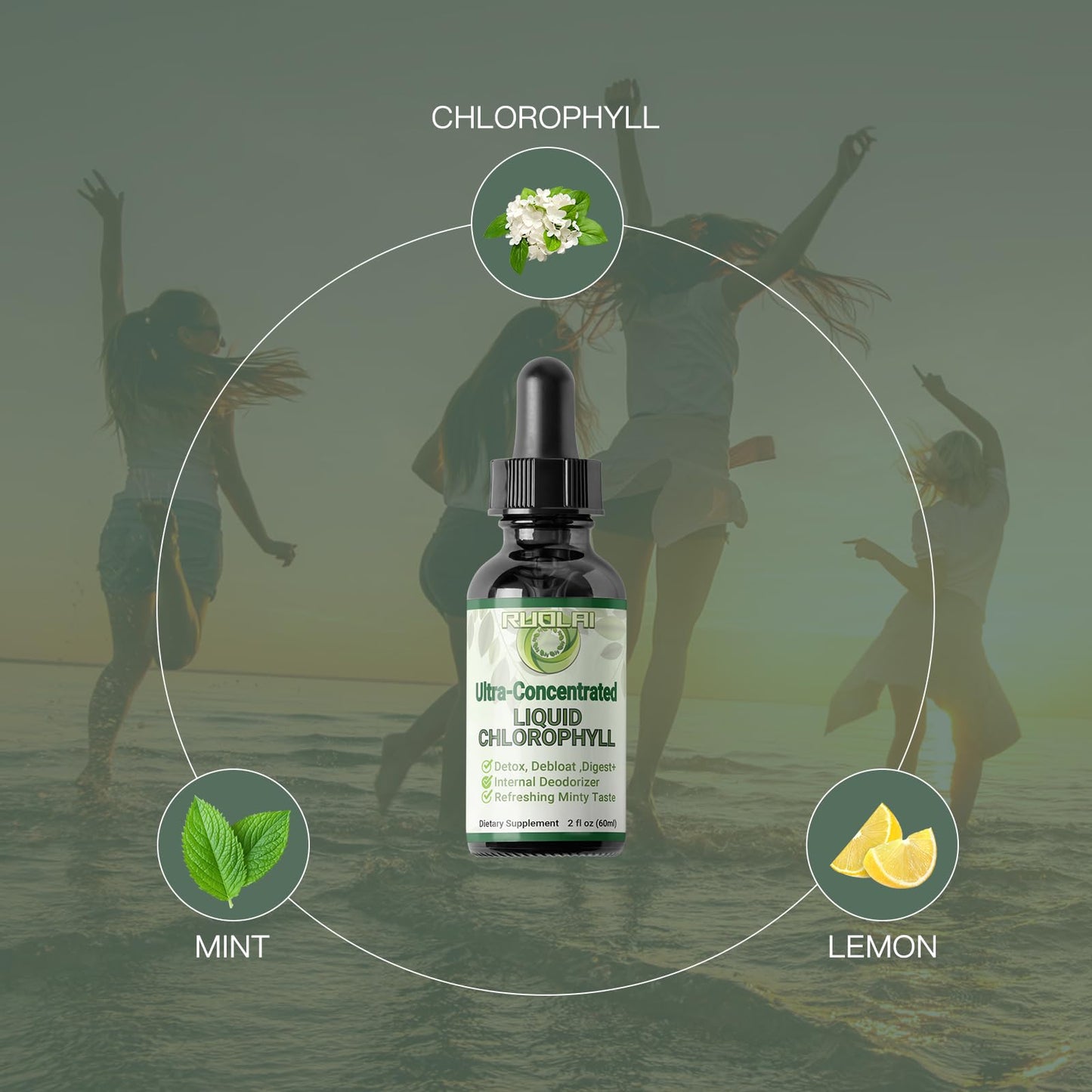 Ruolai Chlorophyll Liquid Drops – 5X Strength Detox & Deodorant | Mint Flavor, Vegan, Non-GMO, 2 Fl Oz