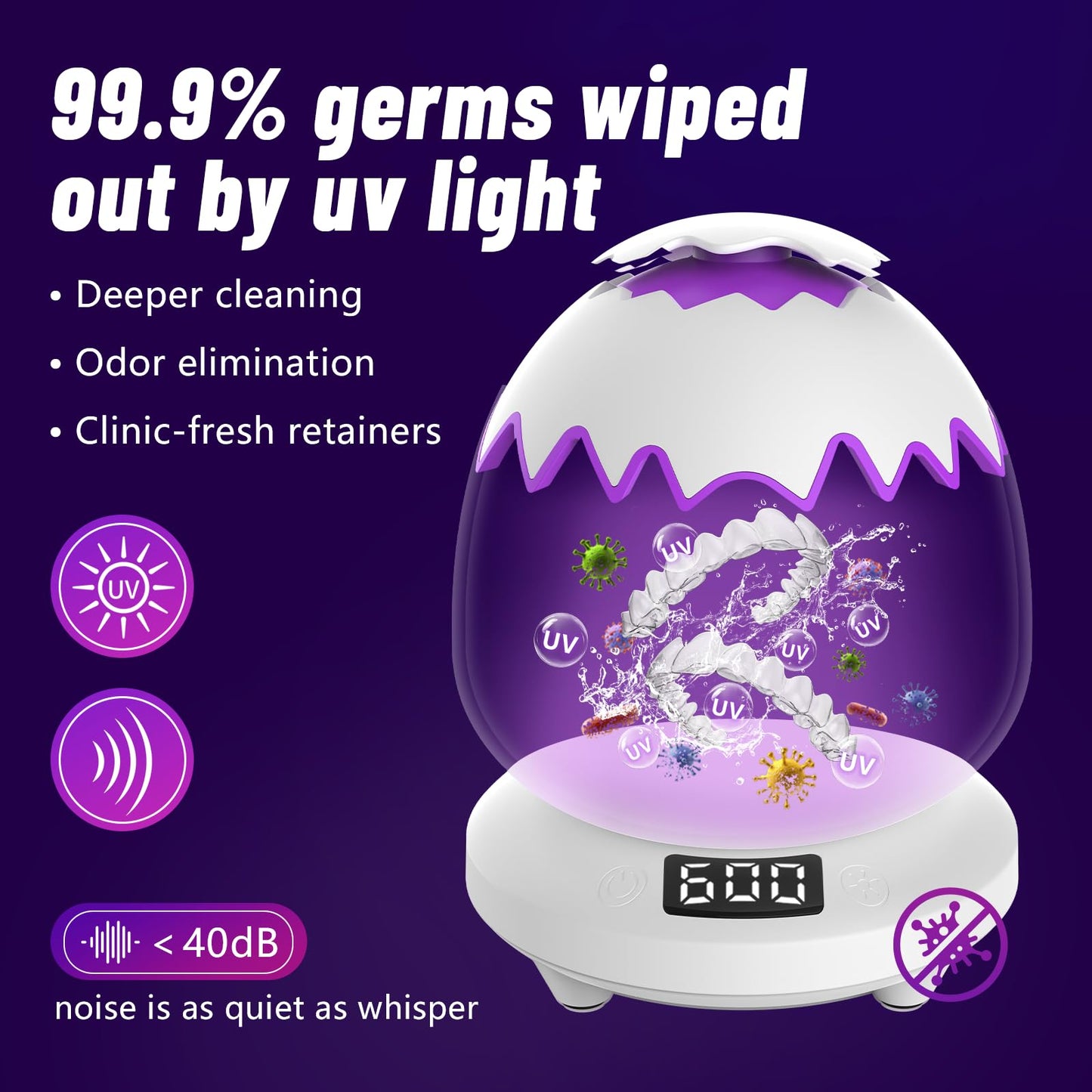 Ruolar Ultrasonic Retainer Cleaner – 45kHz Dental Cleaning Pod for Dentures & Jewelry