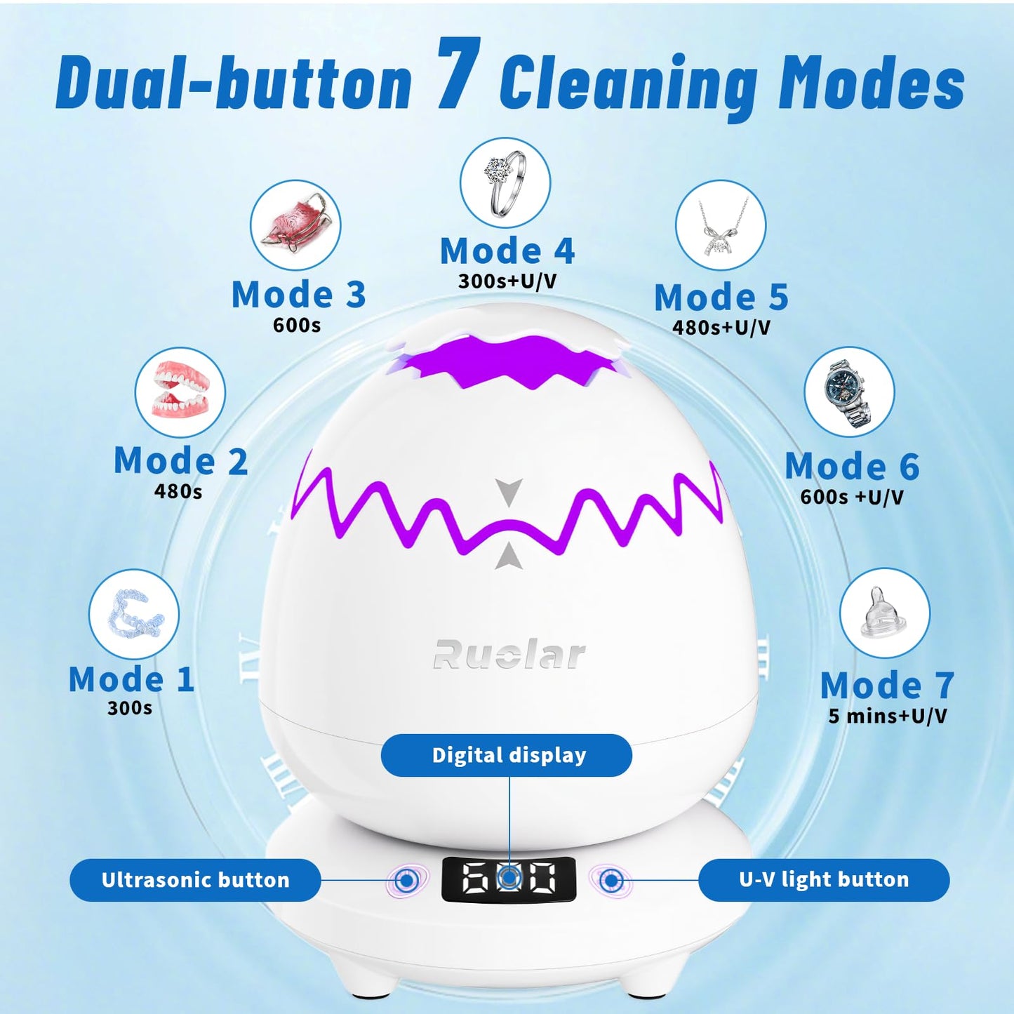 Ruolar Ultrasonic Retainer Cleaner – 45kHz Dental Cleaning Pod for Dentures & Jewelry