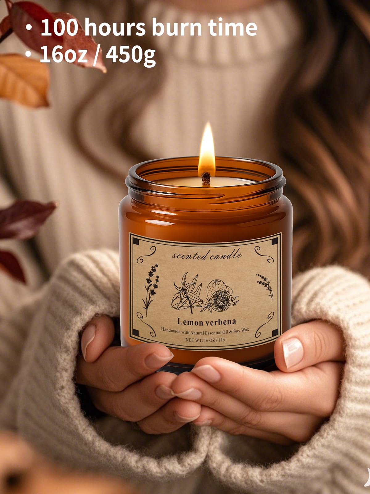 Scented Candles for Home - 16oz Lemon Verbena Soy Wax Candle with 100 Hour Burn