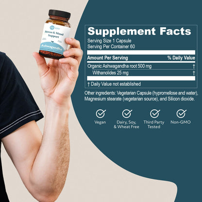 ruved Ashwagandha Capsules - Organic 500mg, 60 Veg Caplets | Adrenal Health & Wellness