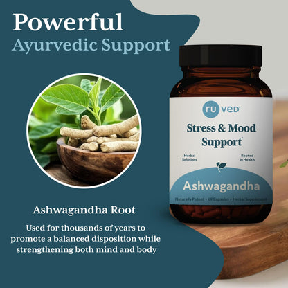 ruved Ashwagandha Capsules - Organic 500mg, 60 Veg Caplets | Adrenal Health & Wellness