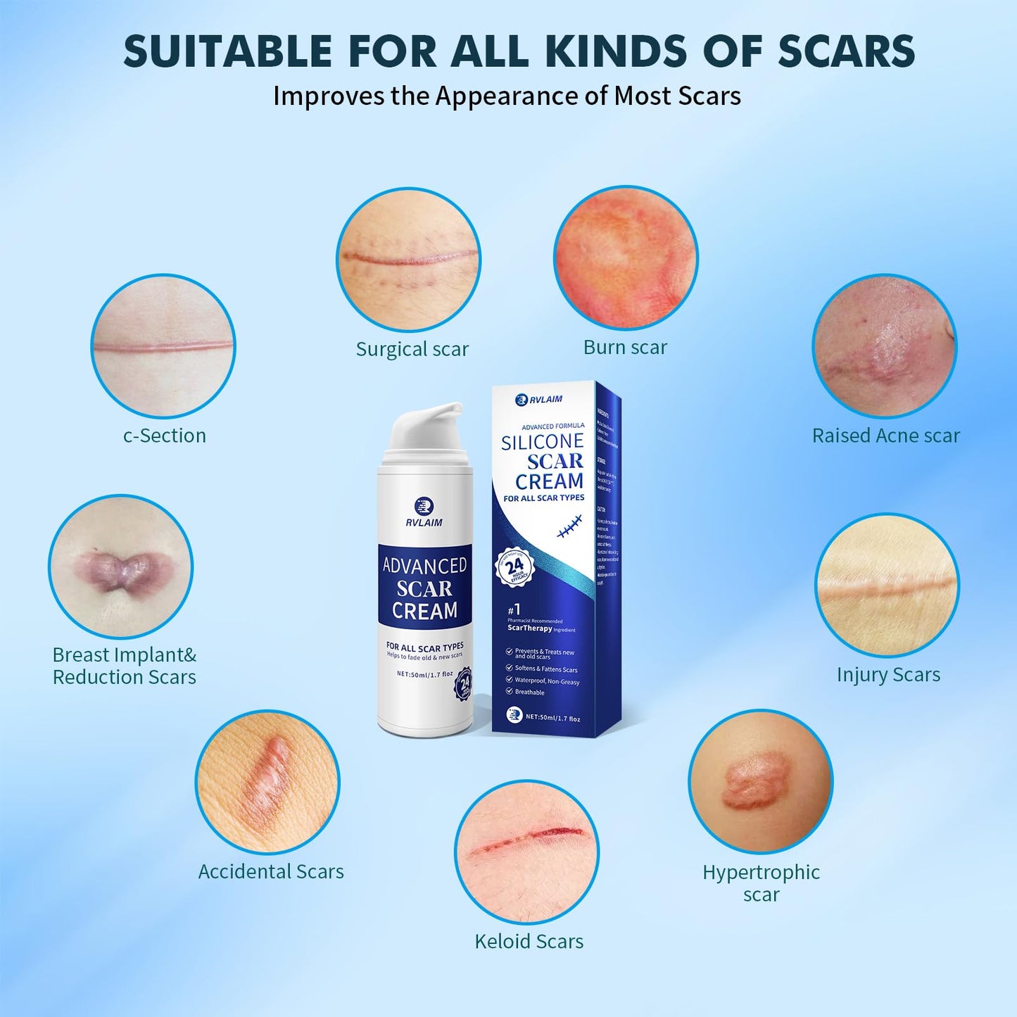 Rvlaim Advanced Silicone Scar Gel – Scar Cream for Surgical & Stretch Marks, 1.7 oz