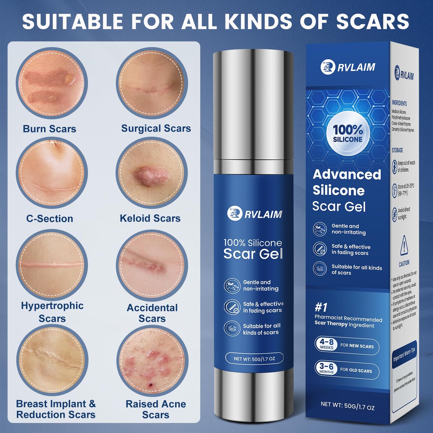 Rvlaim 100% Silicone Scar Gel | Advanced Scar Cream for Surgical, Burn, Acne Scars | 1.7 oz / 50 ml