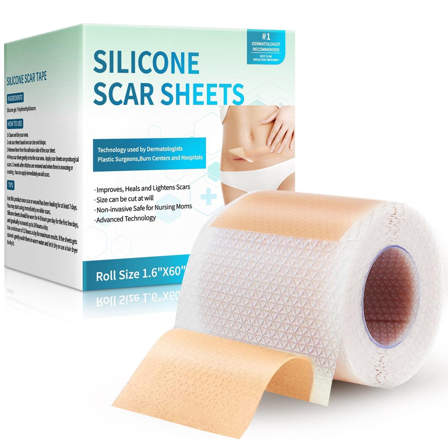 Rvlaim Silicone Scar Sheets & Tape (1.6”x60” Roll) – Gentle, Flexible Scar Care