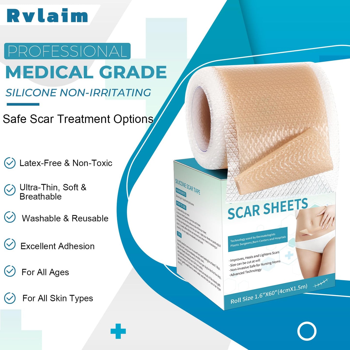 Rvlaim Silicone Scar Sheets & Tape (1.6”x60” Roll) – Gentle, Flexible Scar Care