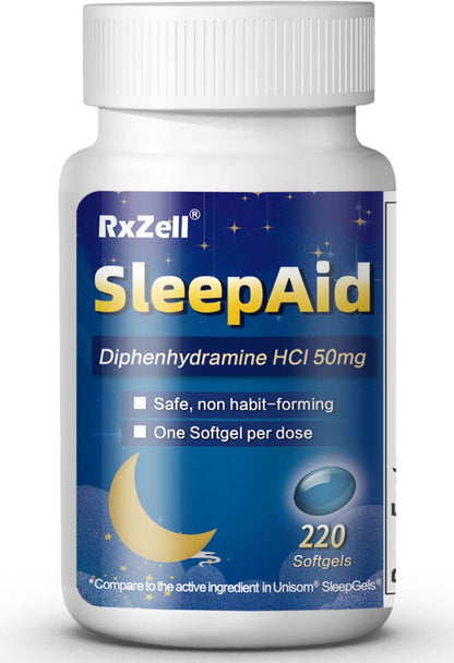 RXZELL Sleep Aid Diphenhydramine 50mg Softgels - 220 Count | Easy-to-Swallow, Non Habit-Forming