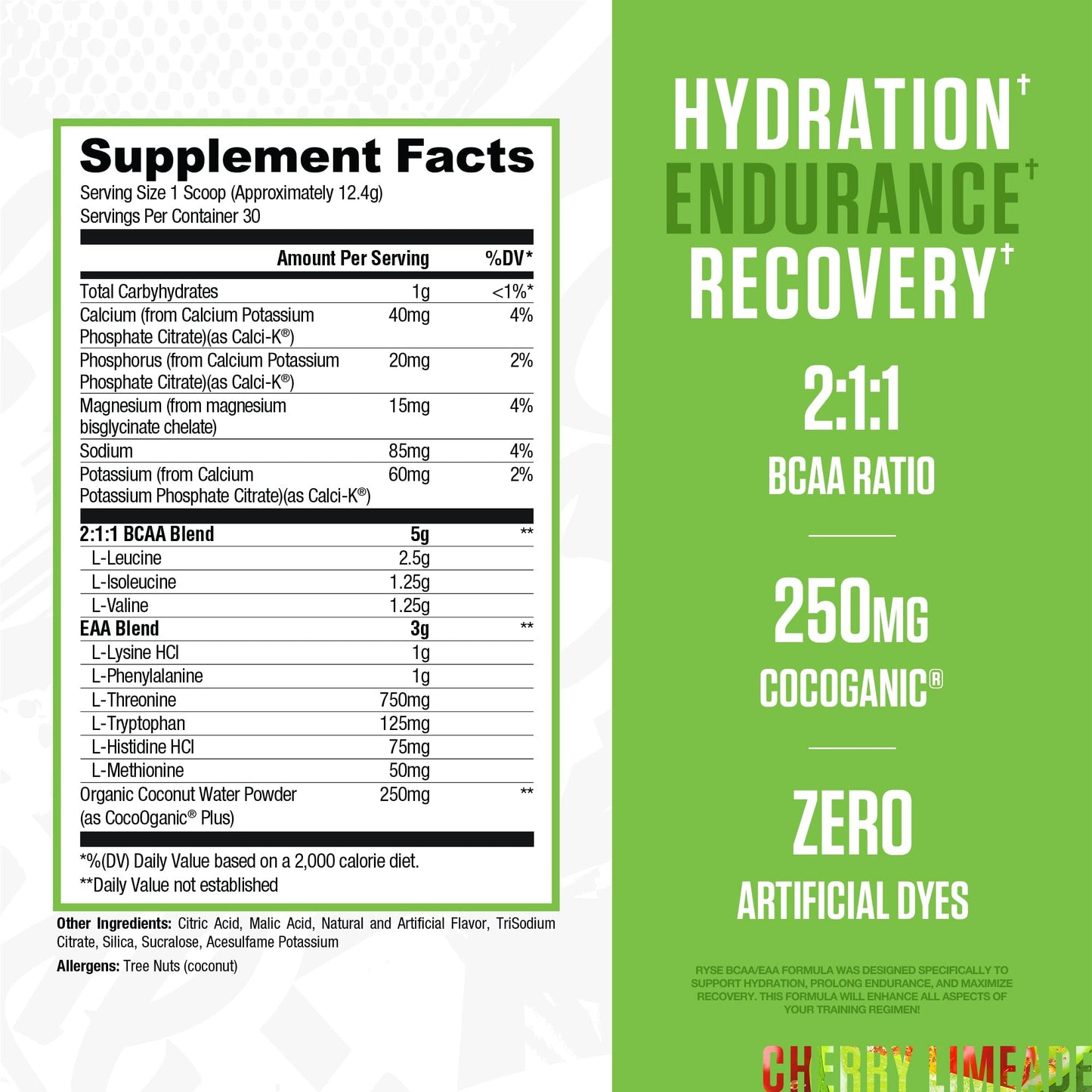 RYSE BCAA EAA Powder – Cherry Limeade | 5g BCAAs, 3g EAAs, Sugar-Free Electrolytes | 30 Servings