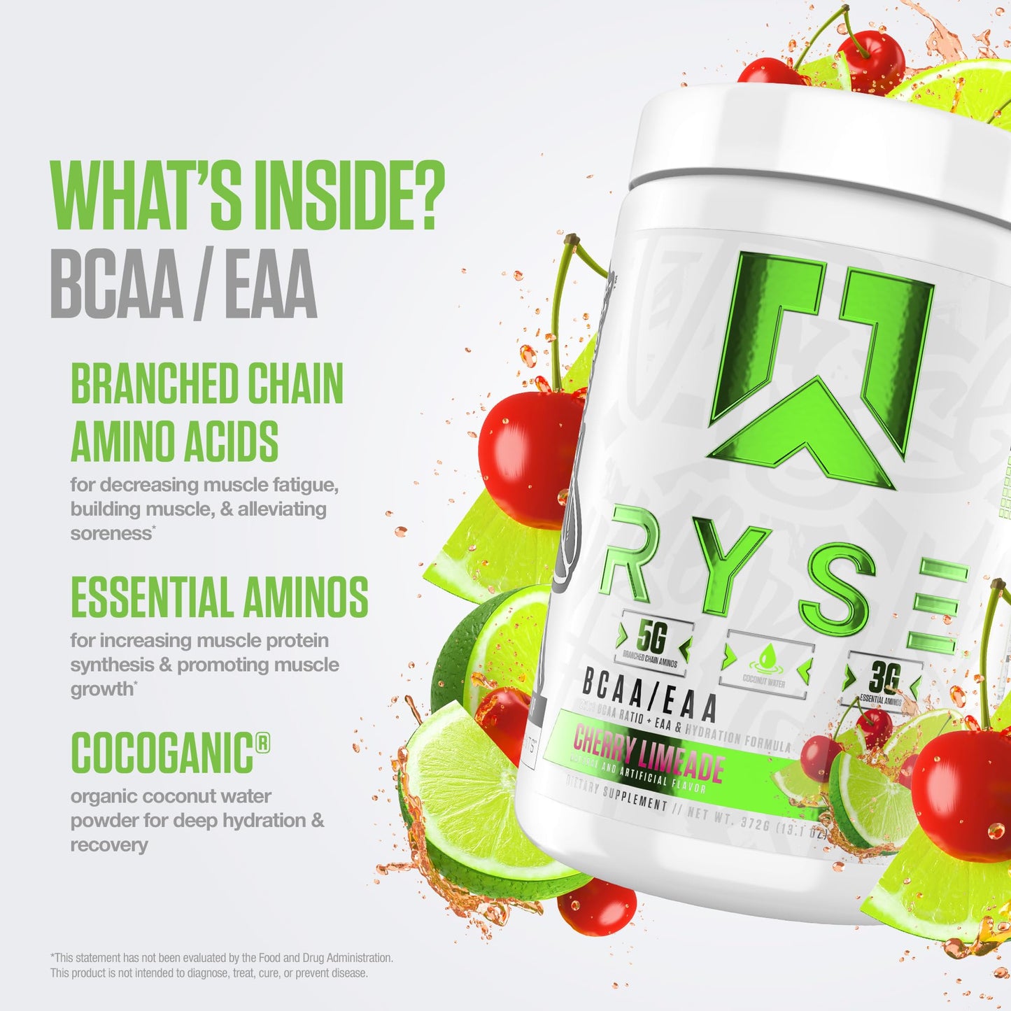 RYSE BCAA EAA Powder – Cherry Limeade | 5g BCAAs, 3g EAAs, Sugar-Free Electrolytes | 30 Servings