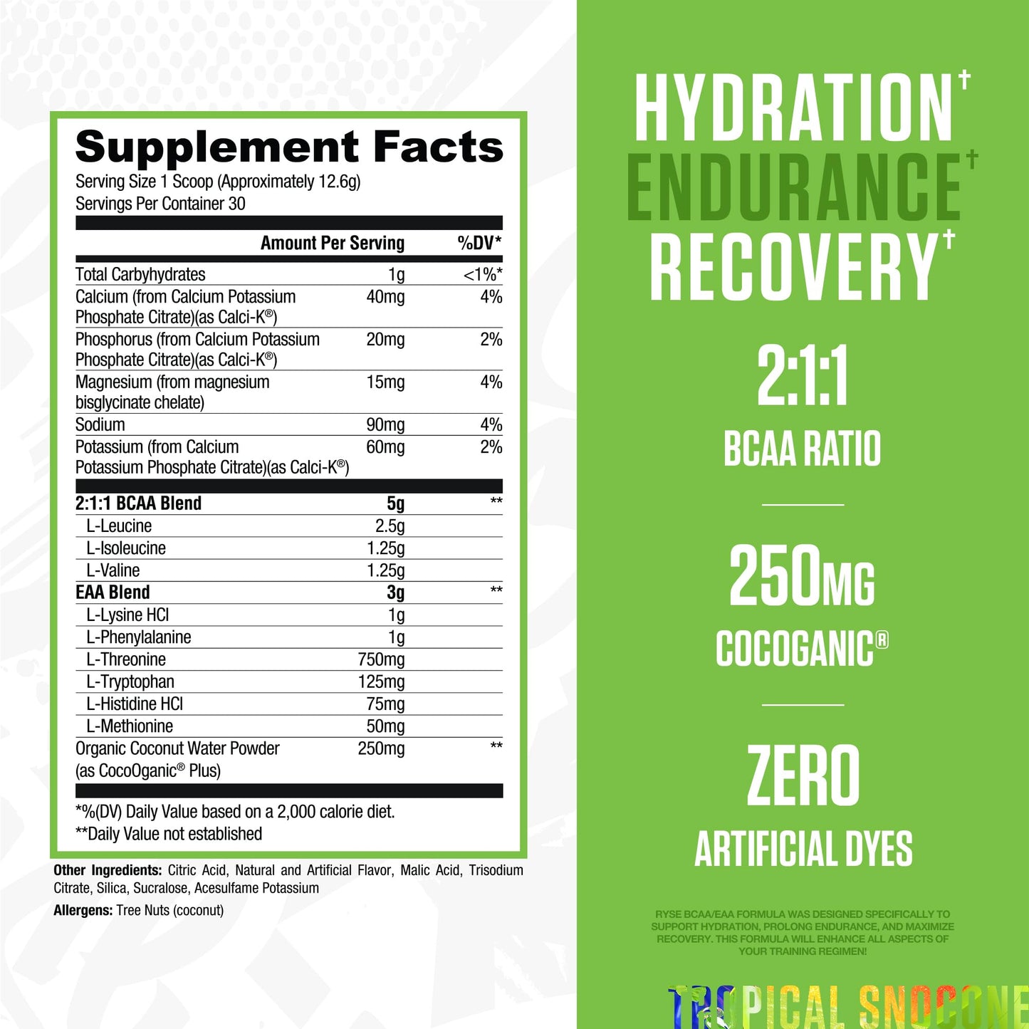 RYSE BCAA EAA Powder Tropical SnoCone – 5g BCAAs, 3g EAAs, Sugar-Free Hydration, 30 Servings