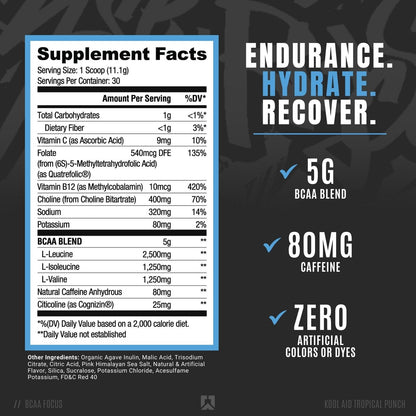 RYSE BCAA Focus Powder - Kool-Aid Tropical Punch (30 Servings) | Electrolytes, Caffeine & Cognizin