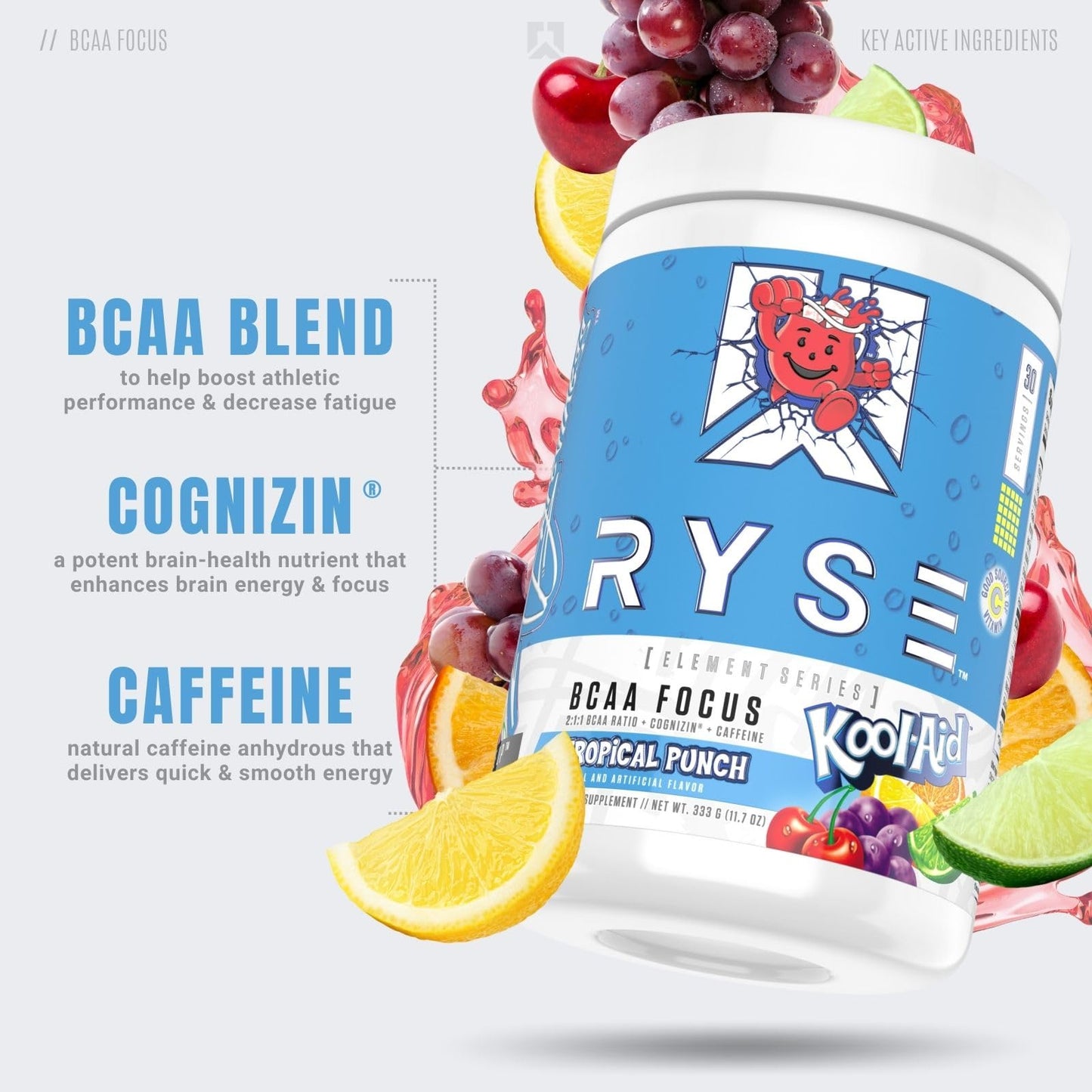 RYSE BCAA Focus Powder - Kool-Aid Tropical Punch (30 Servings) | Electrolytes, Caffeine & Cognizin