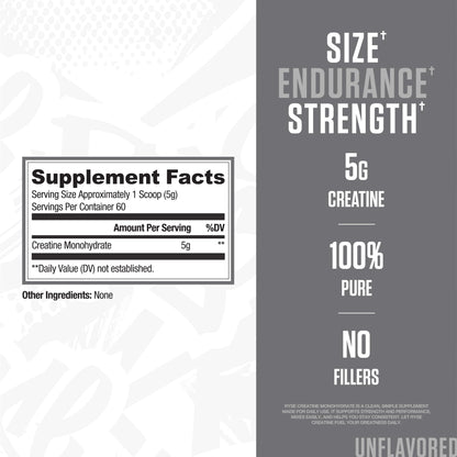 RYSE Creatine Monohydrate Powder - Unflavored | Lean Muscle Growth, Strength & Endurance | 60 Servings