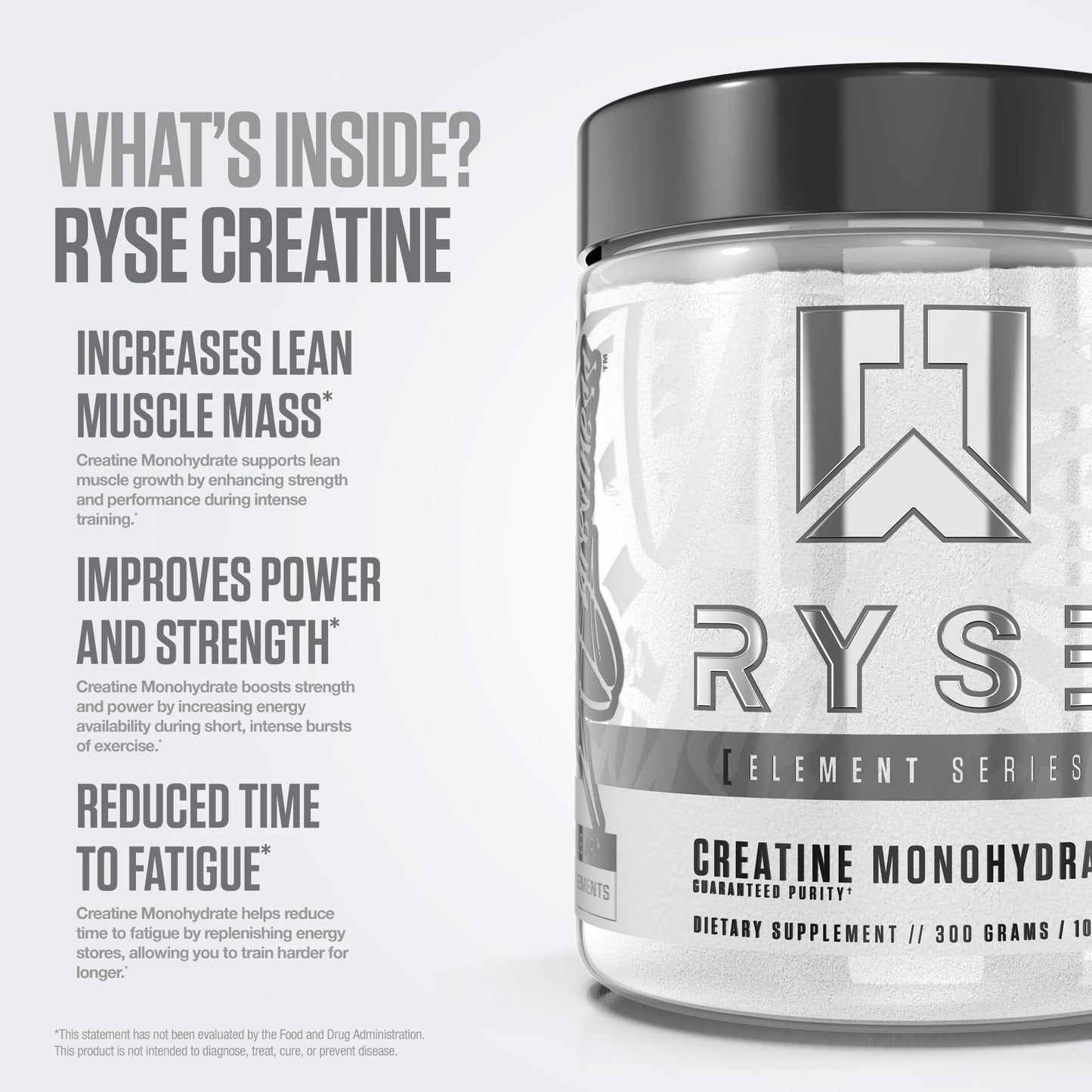 RYSE Creatine Monohydrate Powder - Unflavored | Lean Muscle Growth, Strength & Endurance | 60 Servings