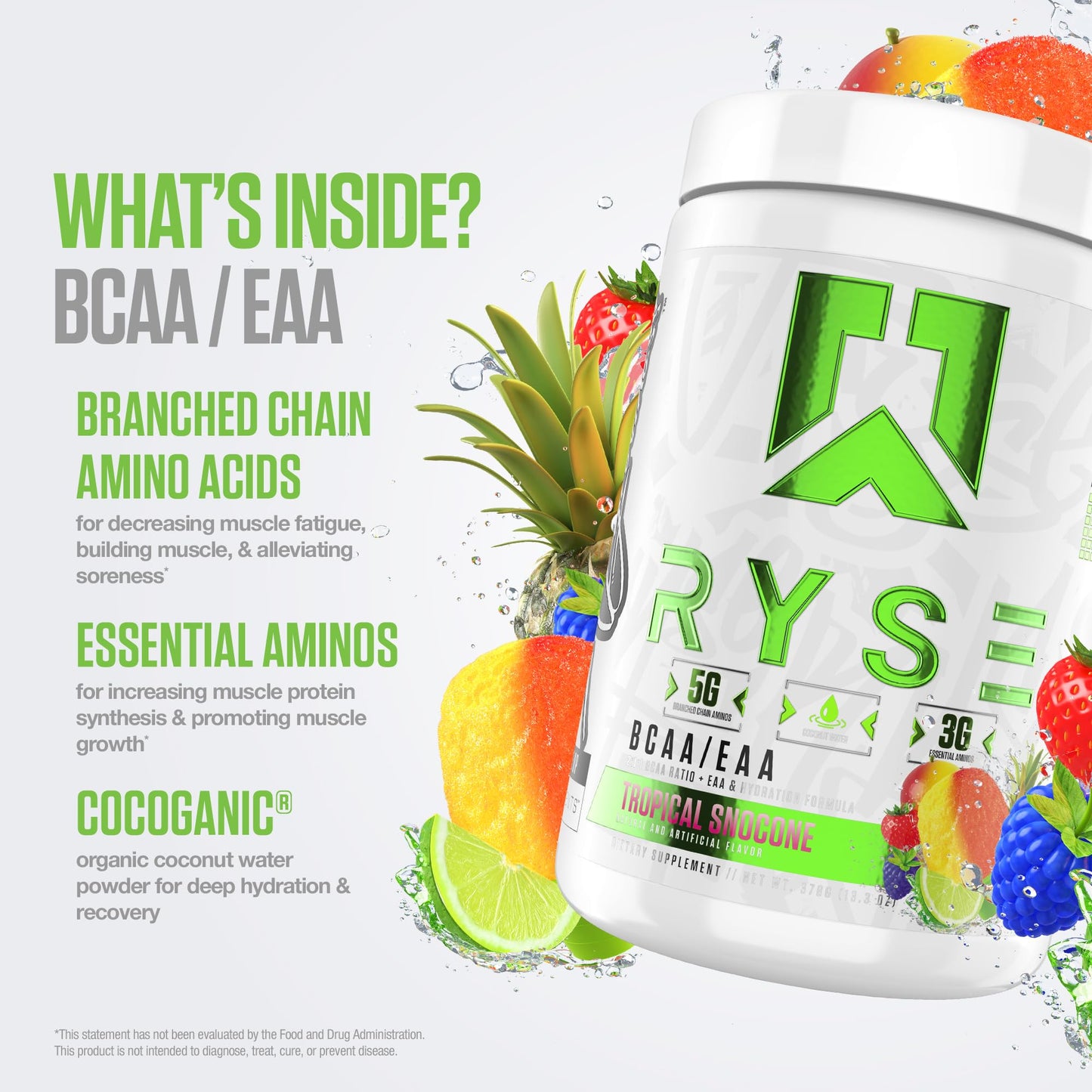 RYSE BCAA EAA Powder Tropical SnoCone – 5g BCAAs, 3g EAAs, Sugar-Free Hydration, 30 Servings