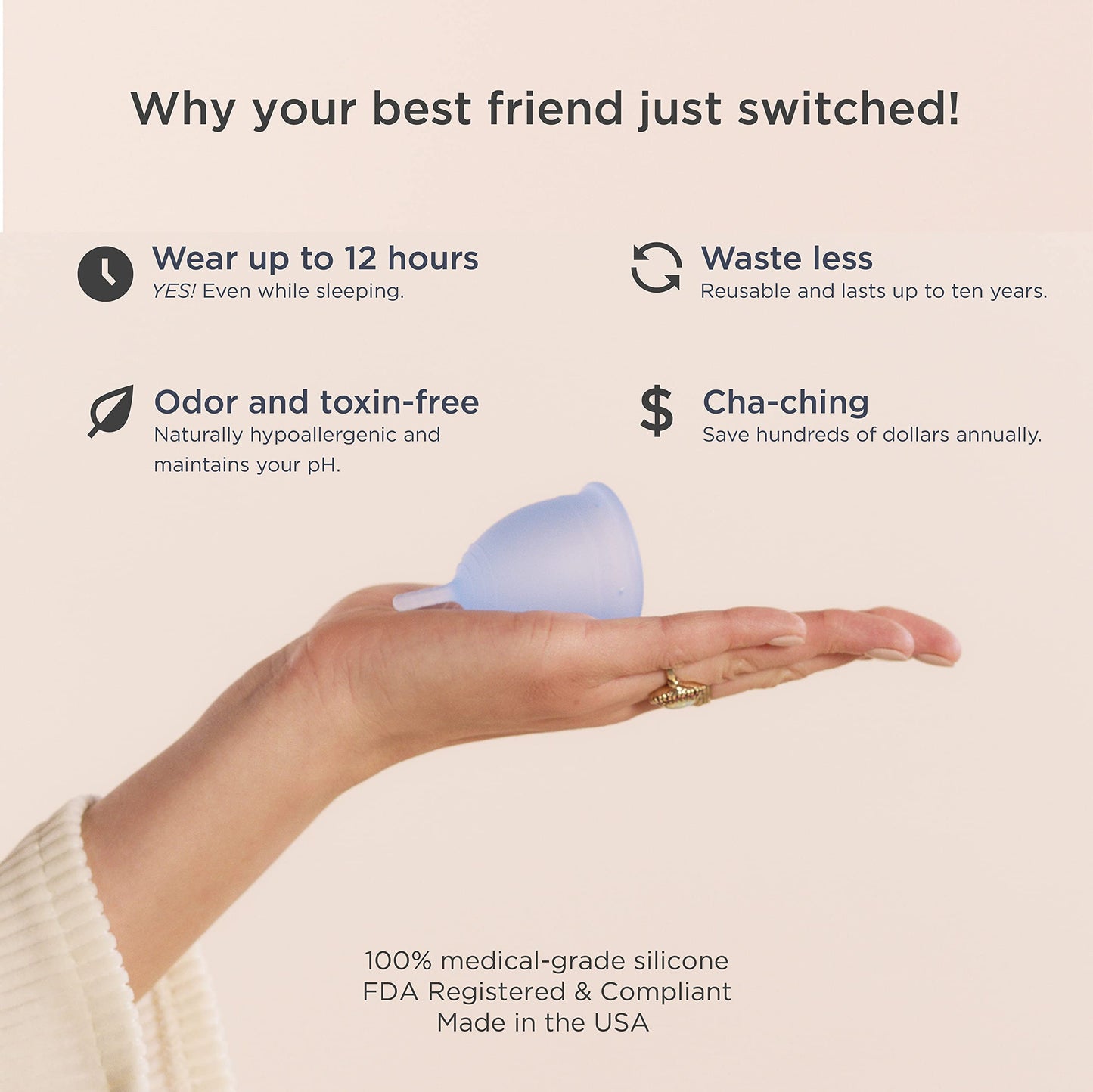 Saalt Menstrual Cup – Reusable, Leak-Free Up to 12 Hours (Regular, Ocean Blue)