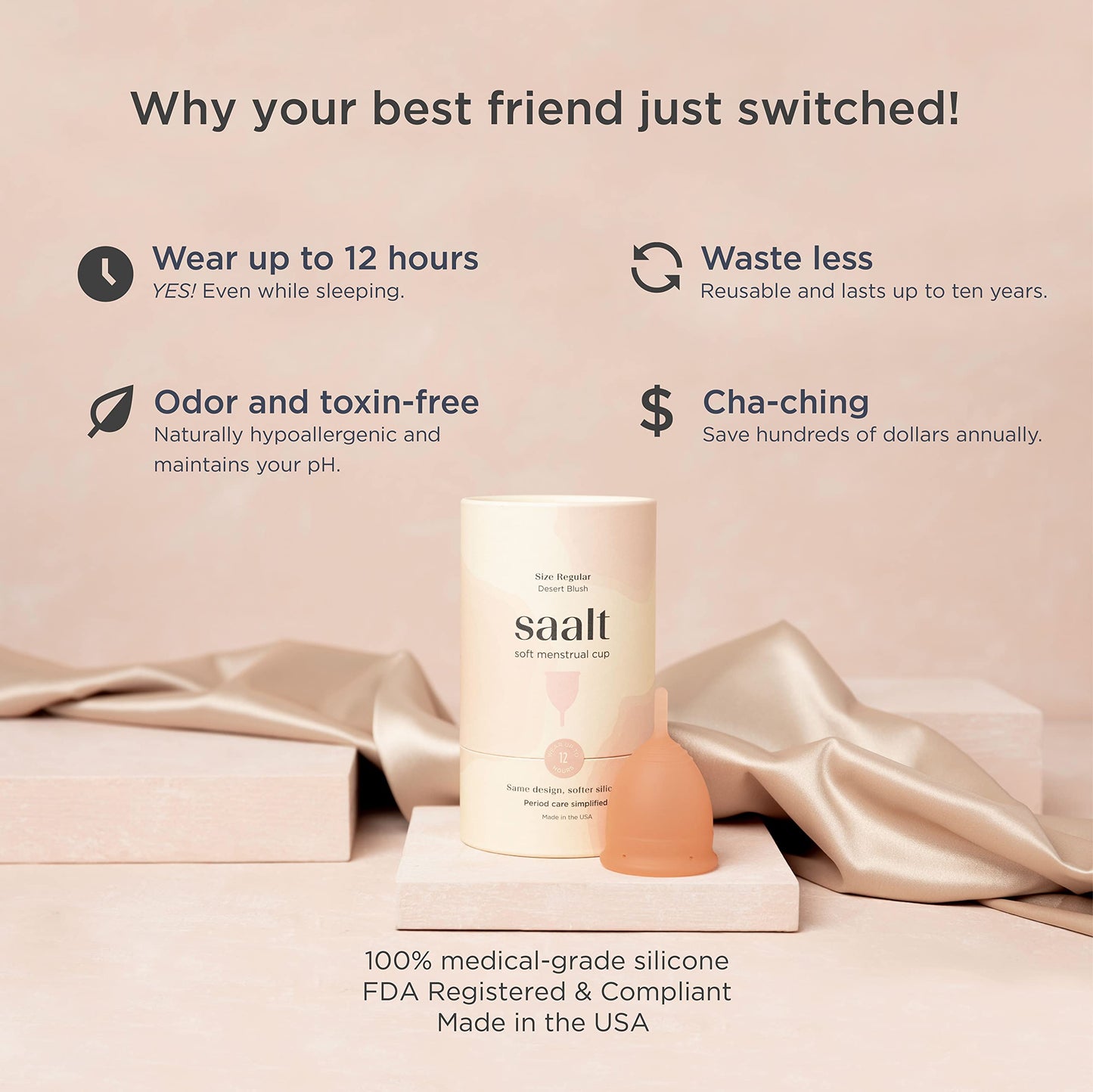 Saalt Soft Menstrual Cup – Desert Blush | Reusable, BPA & Latex Free, 12-Hour Leak-Free Protection