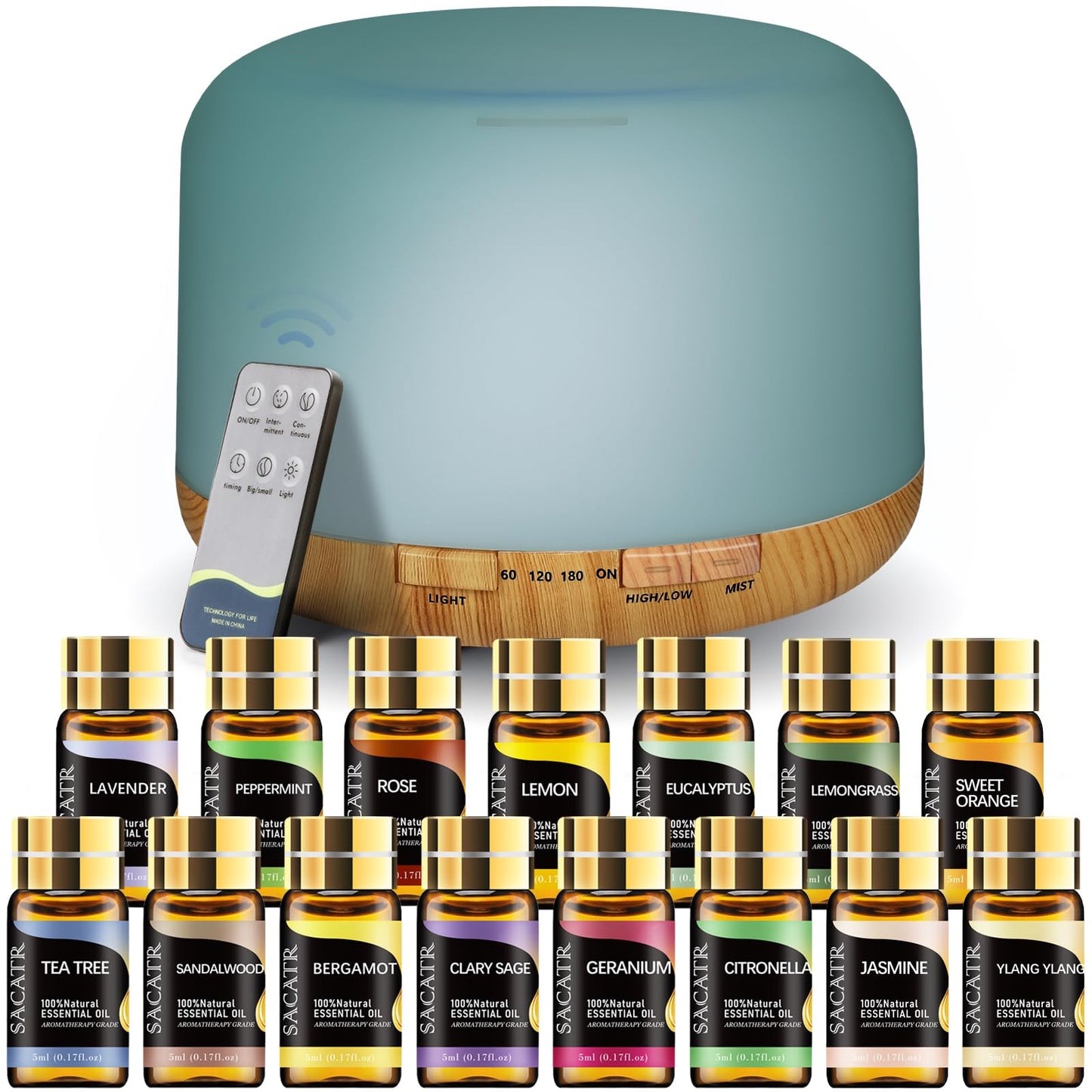 SACATR 500ml Essential Oil Diffuser with 15 Oils – Ultrasonic Humidifier, Remote, 4 Timers, 15 Color Lights