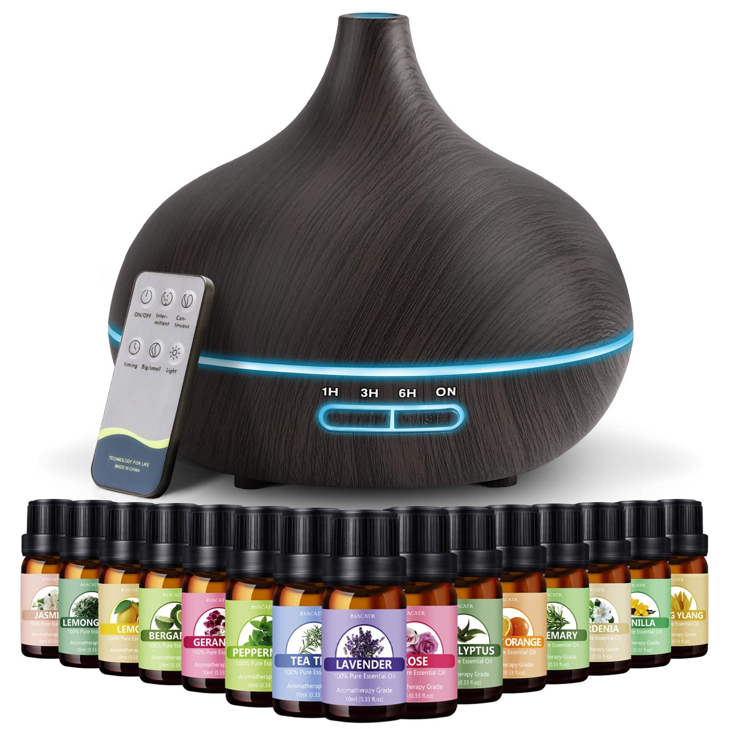 SACATR 550ml Aromatherapy Diffuser with 15x10ml Essential Oils - Ultrasonic Diffuser with Remote for Home and Office