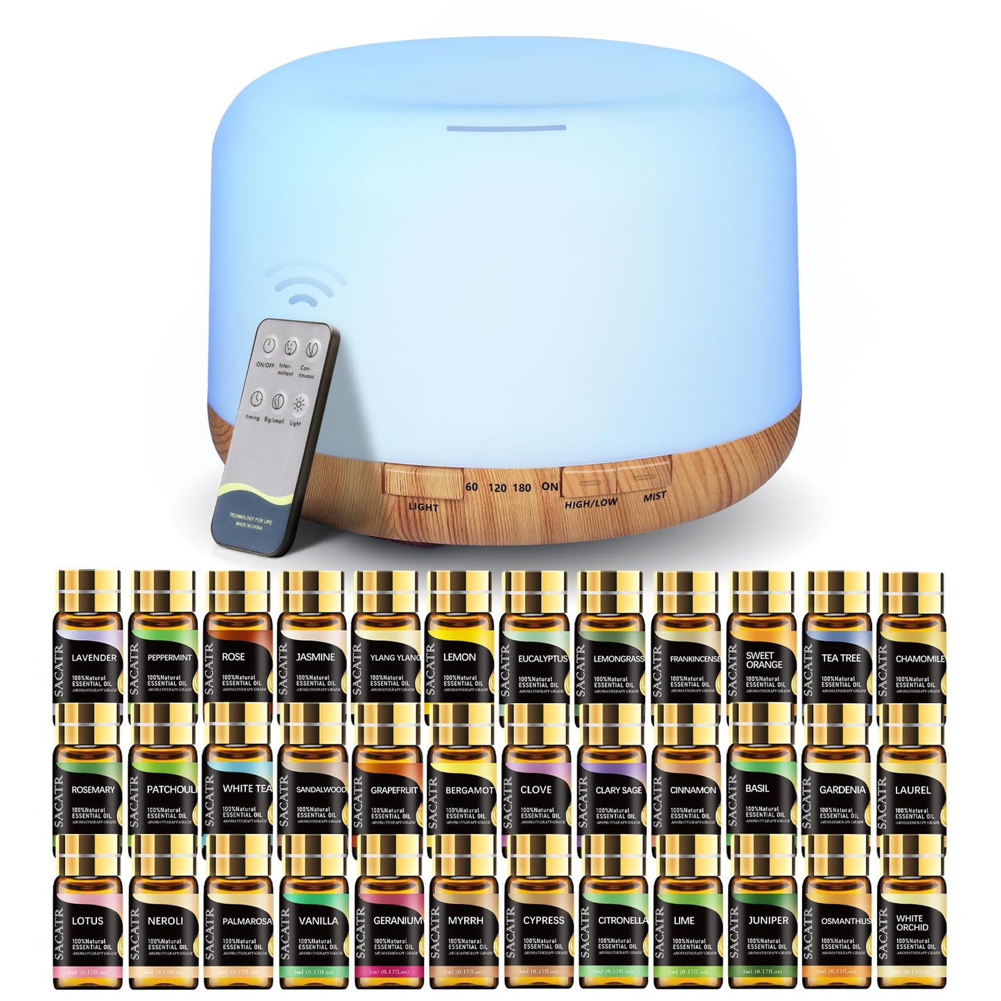 SACATR Essential Oil Diffuser Set – 500ml Ultrasonic Diffuser with 36 Oils, Remote, Auto Shut-Off, 4 Timers, 15 Colors