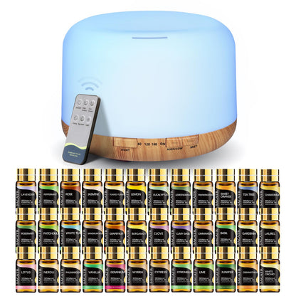 SACATR Essential Oil Diffuser Set – 500ml Ultrasonic Diffuser with 36 Oils, Remote, Auto Shut-Off, 4 Timers, 15 Colors