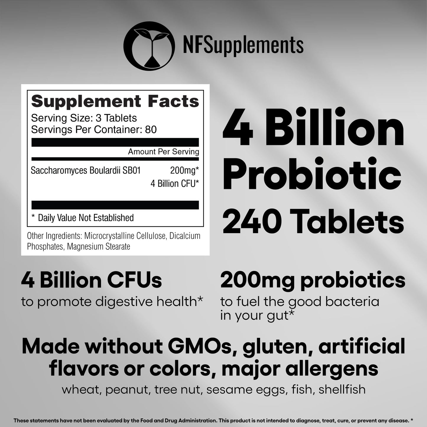 Saccharomyces Boulardii Probiotic Supplement – 4 Billion CFU, 240 Tablets – Digestive & Gut Health, Vegan, Gluten Free, Non-GMO
