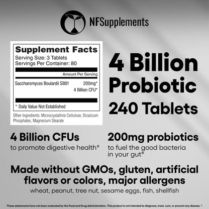 Saccharomyces Boulardii Probiotic Supplement – 4 Billion CFU, 240 Tablets – Digestive & Gut Health, Vegan, Gluten Free, Non-GMO