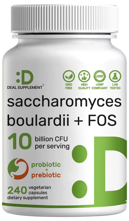 Saccharomyces Boulardii Probiotics + FOS – 10 Billion CFU, 240 Veggie Capsules | Gut, Immune & Digestive Health – Non-GMO