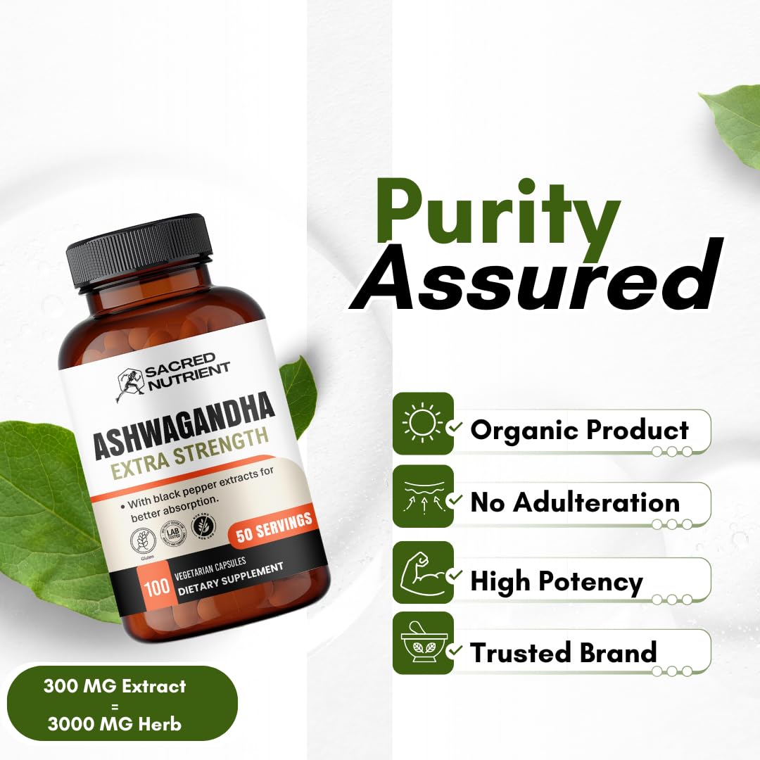 Sacred Nutrient Organic Ashwagandha Extra Strength – 300 mg Extract, Black Pepper, 100 Capsules